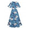 Robe de vacances fendue à motif de feuilles et de fleurs, col en V, manches évasées, robe trapèze décontractée - Bleu gris XXL | US 14