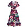 Robe de vacances fendue à motif de feuilles tropicales et de fleurs d'hibiscus, col en V, manches évasées, robe trapèze hawaïenne - Rouge foncé XXL | US 14