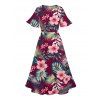Robe de vacances fendue à motif de feuilles tropicales et de fleurs d'hibiscus, col en V, manches évasées, robe trapèze hawaïenne - Rouge foncé XXL | US 14