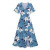 Vacation Couple Outfit Flower Leaf Pattern Slit Flare Sleeve A Line Dress and Roll Up Sleeve Shirt Casual Matching Outfit - Bleu gris S | US 4