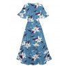 Vacation Couple Outfit Flower Leaf Pattern Slit Flare Sleeve A Line Dress and Roll Up Sleeve Shirt Casual Matching Outfit - Bleu gris S | US 4