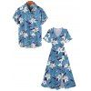 Vacation Couple Outfit Flower Leaf Pattern Slit Flare Sleeve A Line Dress and Roll Up Sleeve Shirt Casual Matching Outfit - Bleu gris S | US 4