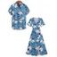 Vacation Couple Outfit Flower Leaf Pattern Slit Flare Sleeve A Line Dress and Roll Up Sleeve Shirt Casual Matching Outfit - Bleu gris S | US 4