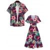 Vacation Couple Outfit Hibiscus Flower Tropical Leaf Pattern Slit Flare Sleeve Dress and Roll Up Sleeve Shirt Hawaii Matching Outfit - Rouge foncé S | US 4