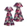 Vacation Couple Outfit Hibiscus Flower Tropical Leaf Pattern Slit Flare Sleeve Dress and Roll Up Sleeve Shirt Hawaii Matching Outfit - Rouge foncé S | US 4
