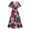 Vacation Couple Outfit Hibiscus Flower Tropical Leaf Pattern Slit Flare Sleeve Dress and Roll Up Sleeve Shirt Hawaii Matching Outfit - Rouge foncé S | US 4