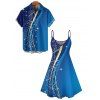 Casual Couple Outfit Ombre Geometric Pattern Spaghetti Strap V Neck A Line Mini Tank Dress and Roll Up Sleeve Shirt Matching Outfit - Bleu S | US 4