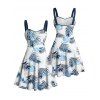 Robe de vacances à motif de feuilles, buste froncé, col en cœur, ceinture, mini robe hawaïenne trapèze - Blanc XXXXXL | US 20