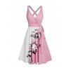 Robe de vacances décontractée à col en V et motif floral et feuilles contrastées, taille haute, coupe trapèze, ceinture - Rose clair XXL | US 14
