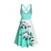 Robe de vacances décontractée à col en V et motif floral et feuilles contrastées, taille haute, coupe trapèze, ceinture - Vert clair XXL | US 14