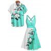 Vacation Couple Outfit Floral Leaf Pattern Contrast Color Surplice A Line Belt Dress and Roll Up Sleeve Shirt Casual Matching Outfit - Vert clair S | US 4