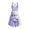 Vacation Couple Outfit Floral Leaf Pattern Contrast Color Surplice A Line Belt Dress and Roll Up Sleeve Shirt Casual Matching Outfit - Violet clair S | US 4