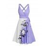 Vacation Couple Outfit Floral Leaf Pattern Contrast Color Surplice A Line Belt Dress and Roll Up Sleeve Shirt Casual Matching Outfit - Violet clair S | US 4
