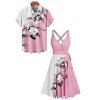 Vacation Couple Outfit Floral Leaf Pattern Contrast Color Surplice A Line Belt Dress and Roll Up Sleeve Shirt Casual Matching Outfit - Rose clair S | US 4