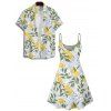 Vacation Couple Outfit Allover Floral Lemon Leaf Pattern Spaghetti Strap A Line Mini Tank Dress and Roll Up Sleeve Shirt Matching Outfit - Vert S | US 4