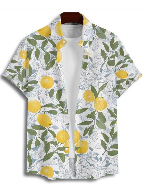 Chemise de vacances à motif floral et feuilles de citron pour homme, boutonnée, retroussée, manches courtes, décontractée