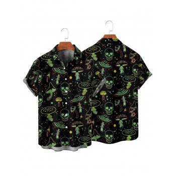 Beach Couple Outfit Galaxy Mushroom Skull Print Crisscross Spaghetti Strap Triangle Bottom Bathing Suit and Button Up Shirt Gothic Matching Outfit
