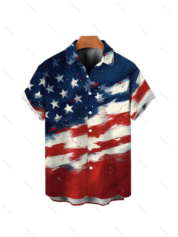 Boy's American Flag Pattern Independence Day Shirt Star Striped Print Button Up Roll Up Short Sleeve Patriotic Kid Shirt - multicolor 160