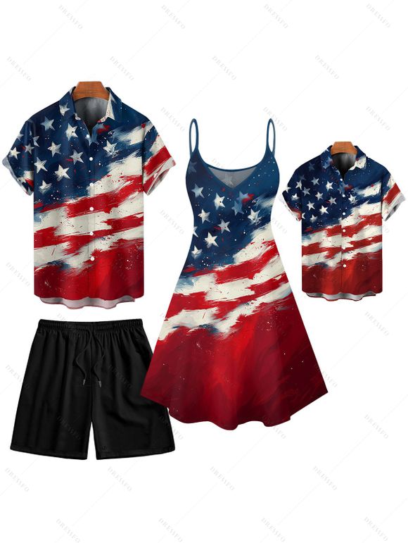 Independence Day Family Outfit American Flag Pattern Spaghetti Strap Dress and Roll Up Sleeve Men and Boy Shirt Drawstring Shorts Patriotic Outfit - multicolor S | US 4