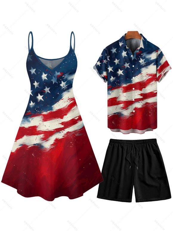 Independence Day Couple Outfit American Flag Pattern Spaghetti Strap A Line Tank Dress and Roll Up Sleeve Shirt Drawstrings Shorts Patriotic Matching Outfit - multicolor S | US 4
