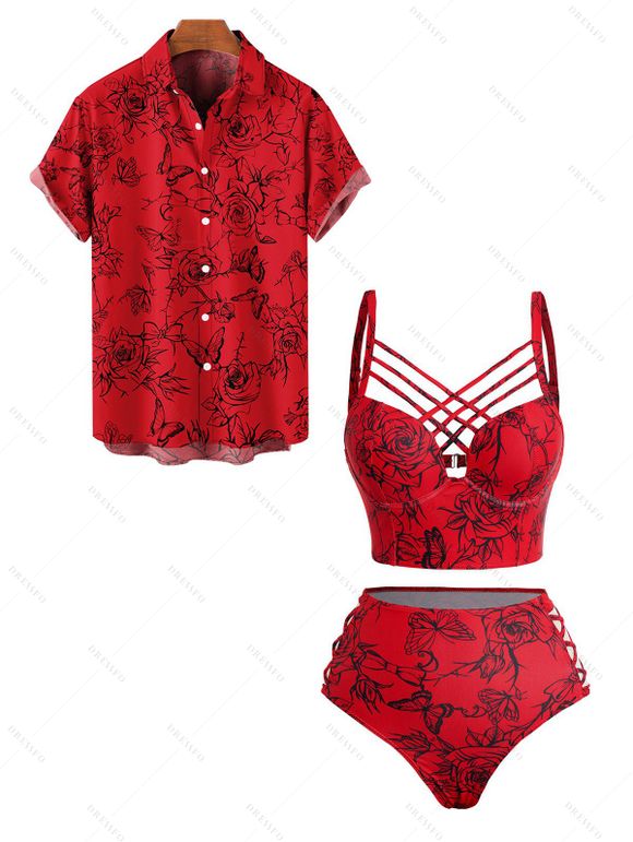 Beach Couple Outfit Rose Butterfly Print Underwire Crisscross Bathing Costume and Button Up Shirt Matching Outfit - Rouge S | US 4