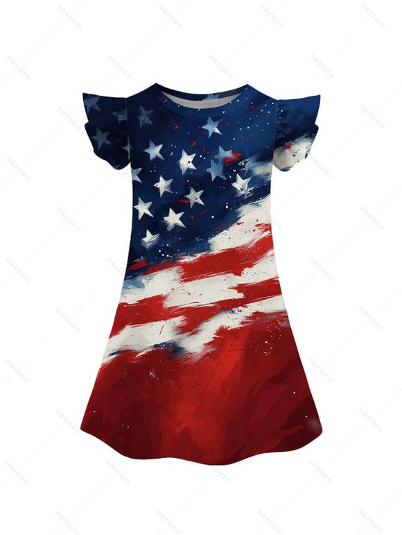 Girls Dress American Flag Pattern Independence Day Dress Star Striped Print Short Flutter Sleeve A Line Mini Patriotic Kid Dress - multicolor 160