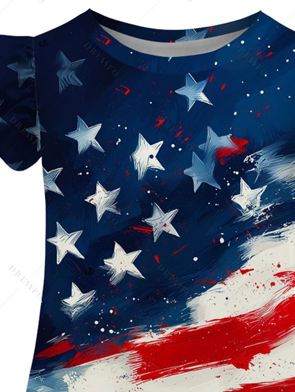 Girls Dress American Flag Pattern Independence Day Dress Star Striped Print Short Flutter Sleeve A Line Mini Patriotic Kid Dress - multicolor 160