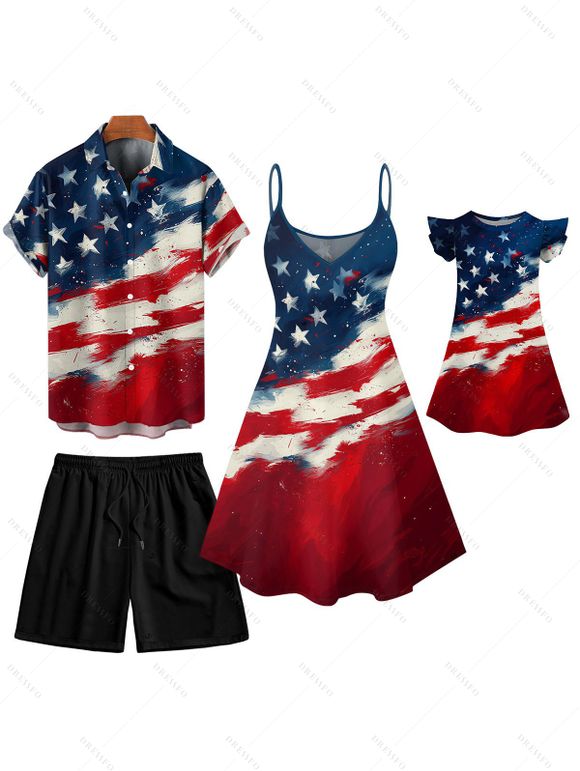 Independence Day Family Outfit American Flag Pattern Spaghetti Strap Dress and Girl Dress Roll Up Sleeve Shirt Drawstring Shorts Patriotic Outfit - multicolor S | US 4