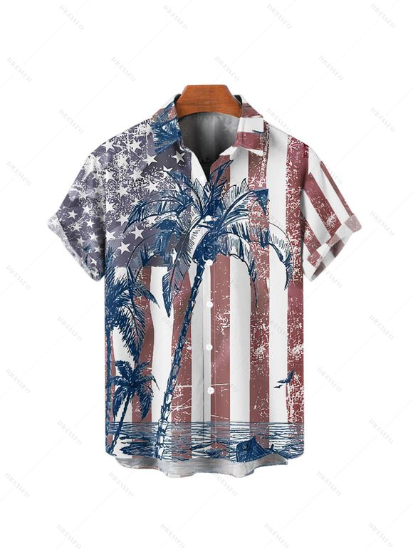 Boy's American Flag Pattern Independence Day Shirt Star Striped Print Button Up Roll Up Short Sleeve Patriotic Kid Shirt - multicolor A 160