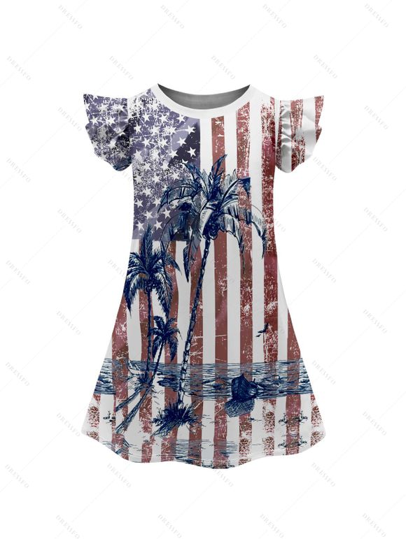 Girls Dress American Flag Pattern Independence Day Dress Star Striped Print Short Flutter Sleeve Mini Patriotic Kid Dress - multicolor A 160