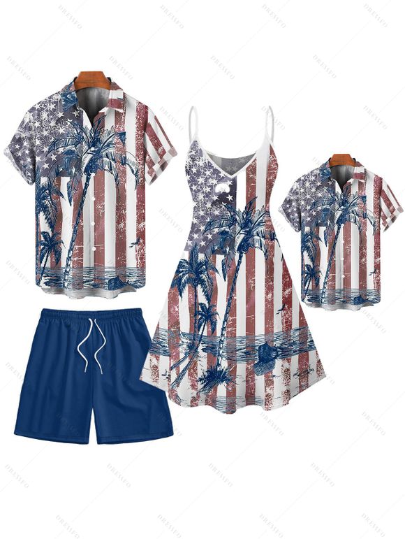 Independence Day Family Outfit American Flag Pattern Spaghetti Strap Dress and Roll Up Men and Boy Shirt Drawstring Shorts Patriotic Outfit - multicolor A S | US 4