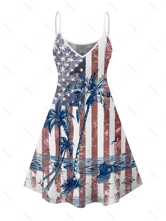 Independence Day Family Outfit American Flag Pattern Spaghetti Strap Dress and Roll Up Men and Boy Shirt Drawstring Shorts Patriotic Outfit - multicolor A S | US 4