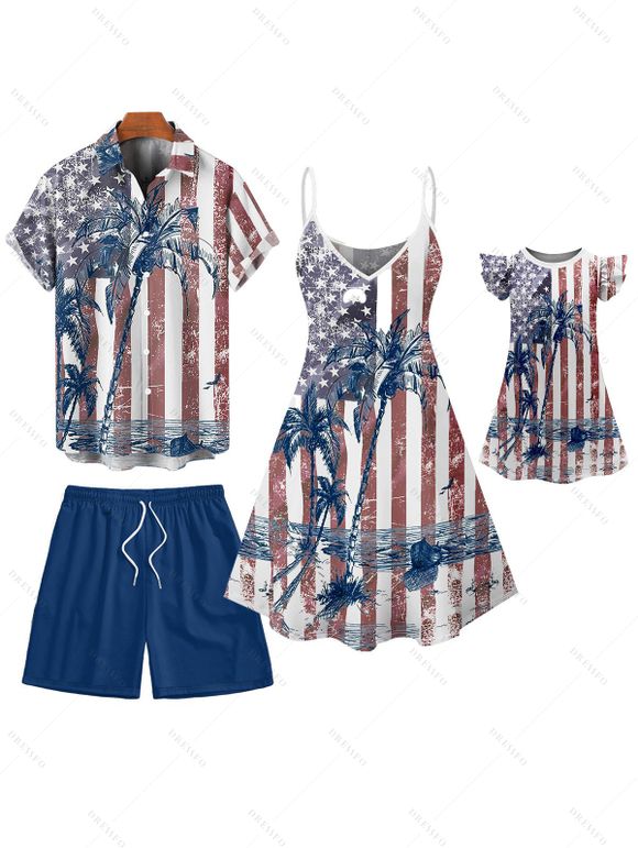 Independence Day Family Outfit American Flag Pattern Spaghetti Strap Dress and Girl Dress Roll Up Shirt Drawstring Shorts Patriotic Outfit - multicolor A S | US 4