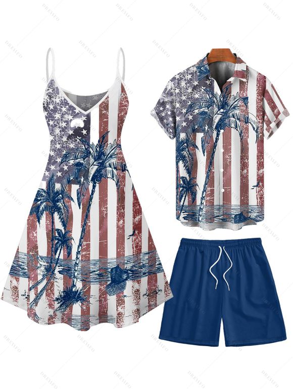 Independence Day Couple Outfit American Flag Pattern Spaghetti Strap A Line Dress and Roll Up Sleeve Shirt Drawstrings Shorts Patriotic Matching Outfit - multicolor A S | US 4