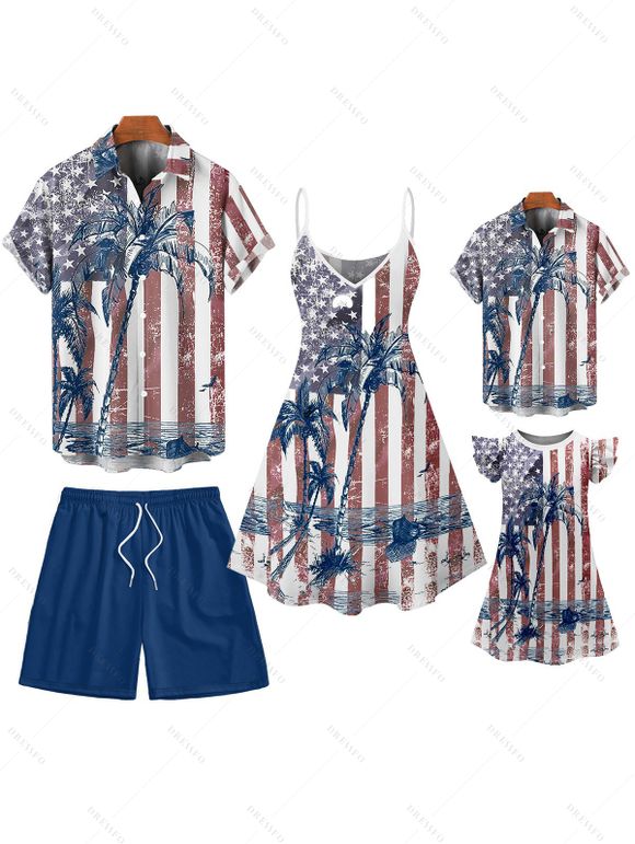 Independence Day Family Outfit American Flag Pattern Spaghetti Strap Dress and Girl Dress Sleeve Shirt Drawstring Shorts Patriotic Outfit - multicolor A S | US 4