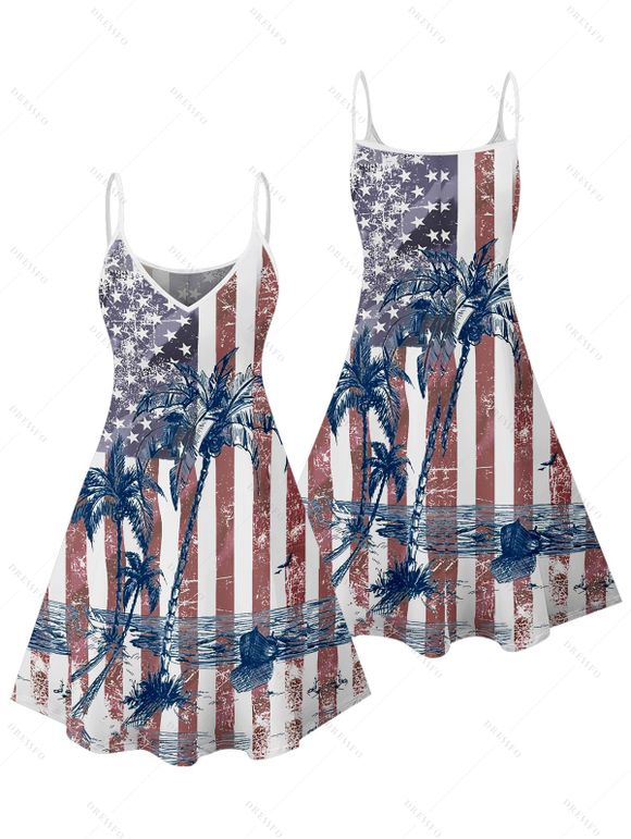 Independence Day Couple Outfit American Flag Pattern Spaghetti Strap A Line Dress and Roll Up Sleeve Shirt Drawstrings Shorts Patriotic Matching Outfit - multicolor A S | US 4