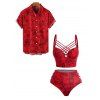Beach Couple Outfit Rose Butterfly Print Underwire Crisscross Bathing Costume and Button Up Shirt Matching Outfit - Rouge S | US 4