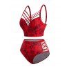 Beach Couple Outfit Rose Butterfly Print Underwire Crisscross Bathing Costume and Button Up Shirt Matching Outfit - Rouge S | US 4