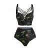 Beach Couple Outfit Galaxy Mushroom Skull Print Crisscross Spaghetti Strap Triangle Bottom Bathing Suit and Button Up Shirt Gothic Matching Outfit - Noir S | US 4