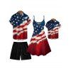 Independence Day Family Outfit American Flag Pattern Spaghetti Strap Dress and Roll Up Sleeve Men and Boy Shirt Drawstring Shorts Patriotic Outfit - multicolor S | US 4