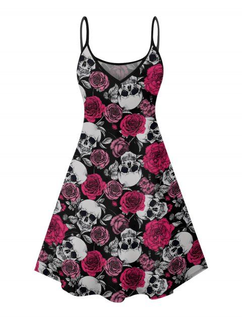 Robe gothique à motif de crânes et de roses, bretelles spaghetti, col en V, coupe trapèze, mini-robe décontractée