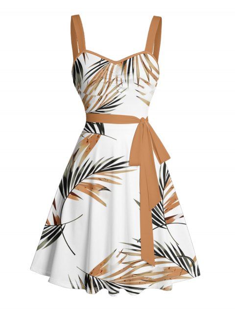 Robe de vacances à motif de feuilles, buste froncé, ceinture, col en cœur, robe trapèze mini décontractée