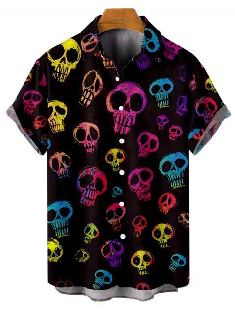 Chemise gothique à manches courtes et boutons pour homme, motif tête de mort coloré, style vacances