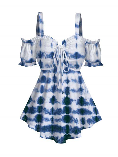 Haut de vacances cintré à ourlet volanté et à buste froncé, imprimé tie-dye, épaules dénudées, ourlet flottant