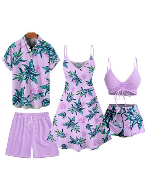 Hawaii Couple Outfit Tropical Plant Print Spaghetti Strap Dress Cinched Tankini Swimsuit and Roll Up Sleeve Shirt Drawstring Shorts Beach Matching Outfit