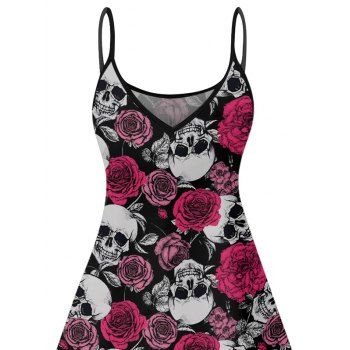Allover Rose Skulls Pattern Gothic Dress Spaghetti Strap V Neck A Line Mini Casual Tank Dress