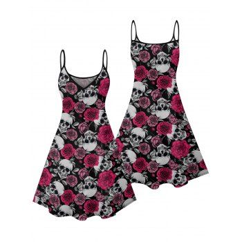 Gothic Couple Outfit Allover Rose Skulls Pattern Spaghetti Strap Mini Tank Dress and Button Up Shirt Matching Outfit