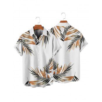 Vacation Couple Outfit Leaf Pattern Ruched Bust Sweetheart Neck A Line Mini Belt Dress and Button Up Shirt Casual Matching Outfit