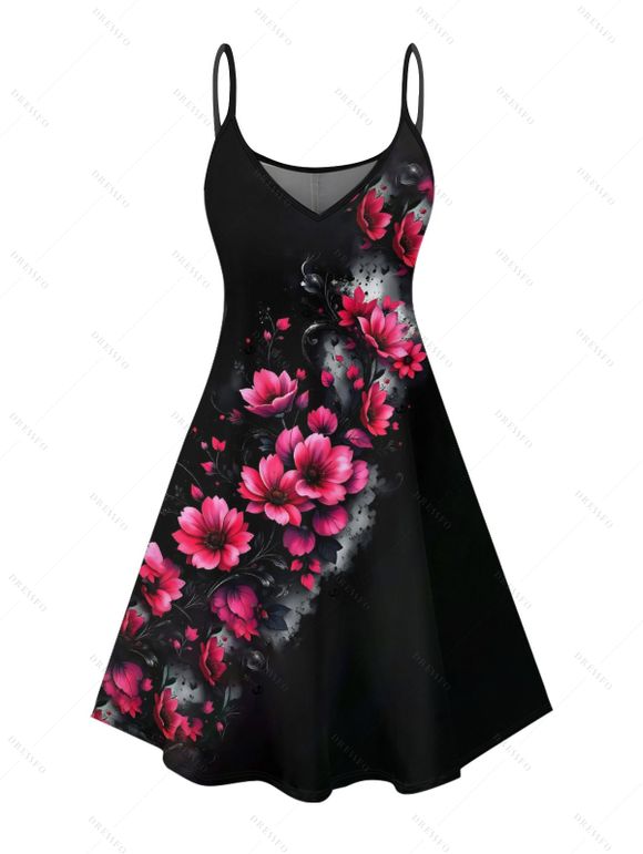 Robe gothique à motifs floraux, bretelles spaghetti, col en V, coupe trapèze, mini-robe décontractée - Noir XXXXXL | US 20