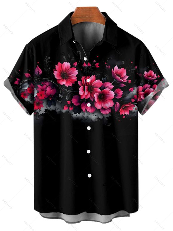 Chemise gothique à motif floral pour homme, boutonnée, retroussée, manches courtes, décontractée - Noir 5XL
